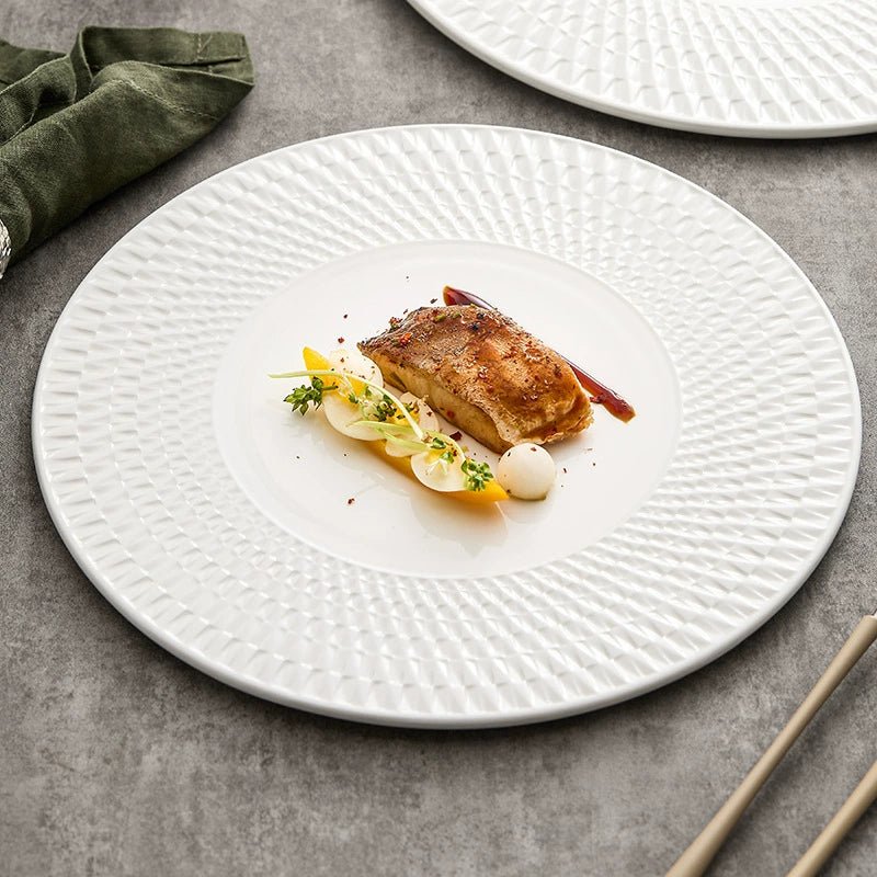 Embossed spiral texture white ceramic plate for modern dining