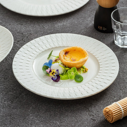 Embossed weave-texture flat ceramic plate for fine dining presentation