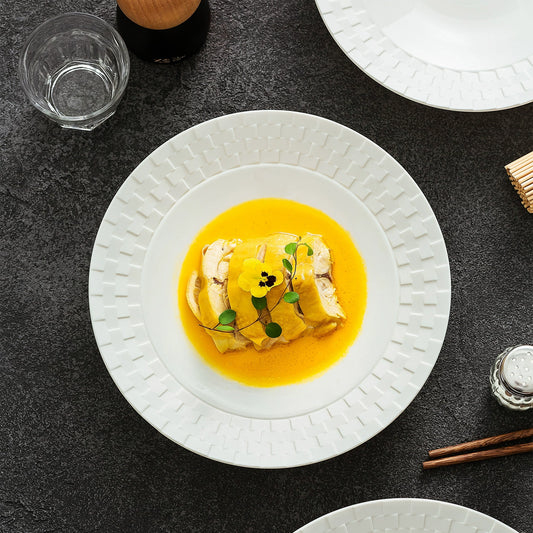 Embossed weave-texture shallow ceramic plate for fine dining presentation