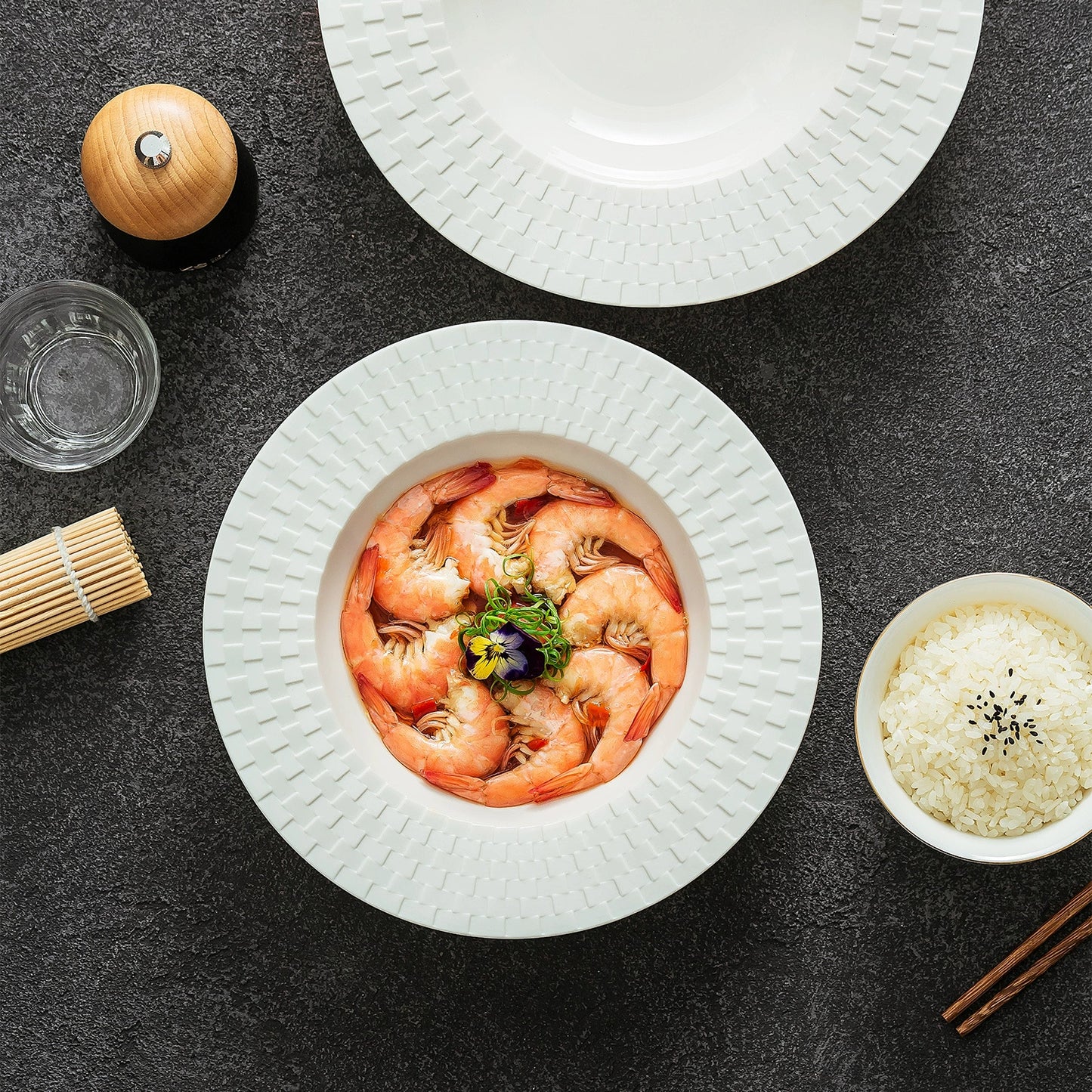 Embossed weave-texture wide soup plate for fine dining presentation