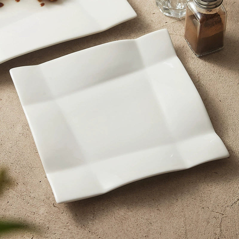 Fine dining ceramic plating plate with sculpted folded edges