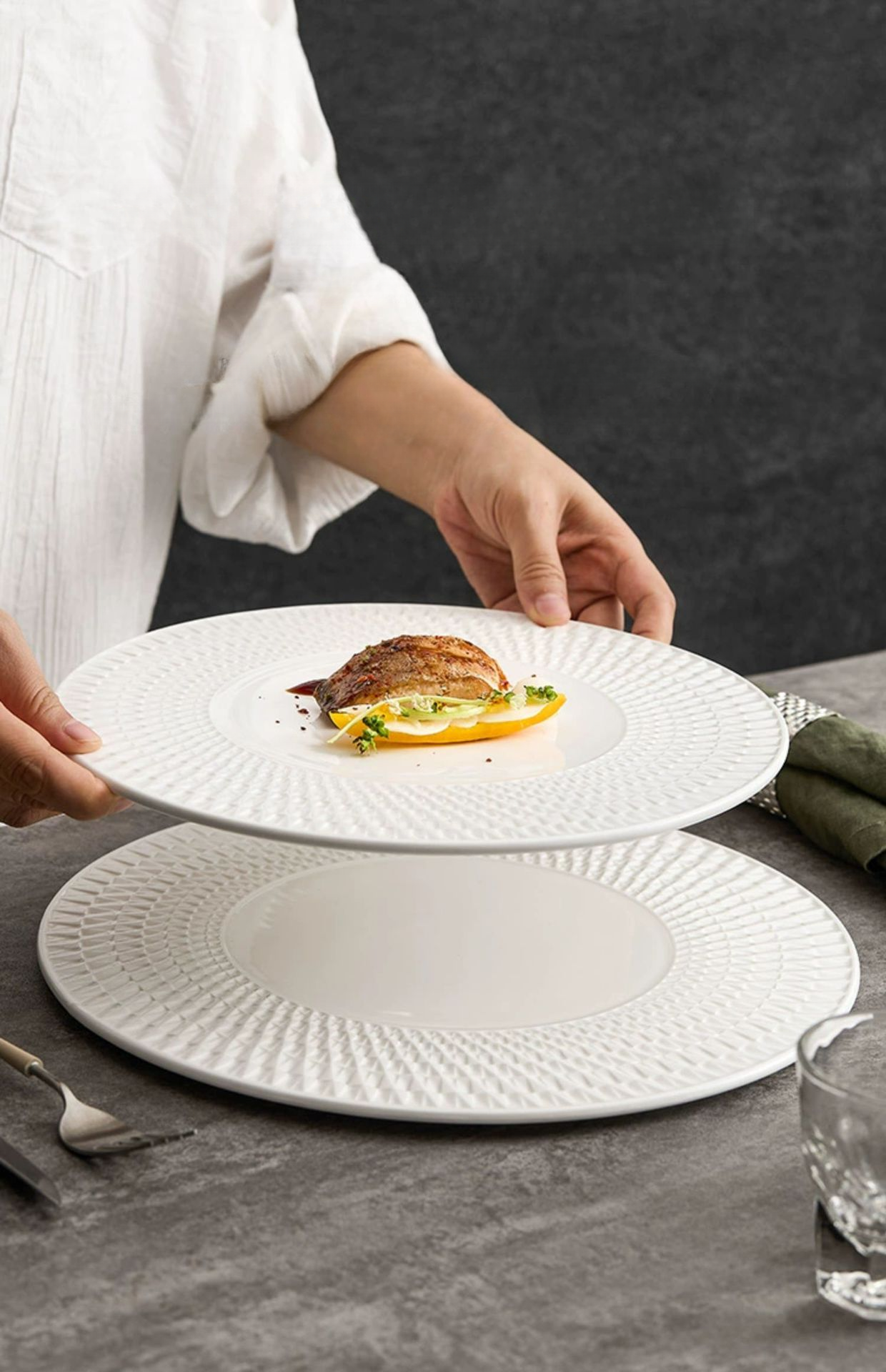 Fine porcelain plate with textured concentric design