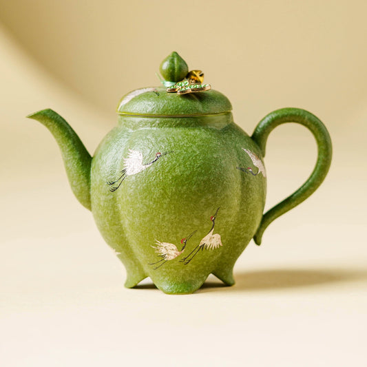 GOSEUNG Crane Green Glaze Teapot with Enamel Butterfly Lid