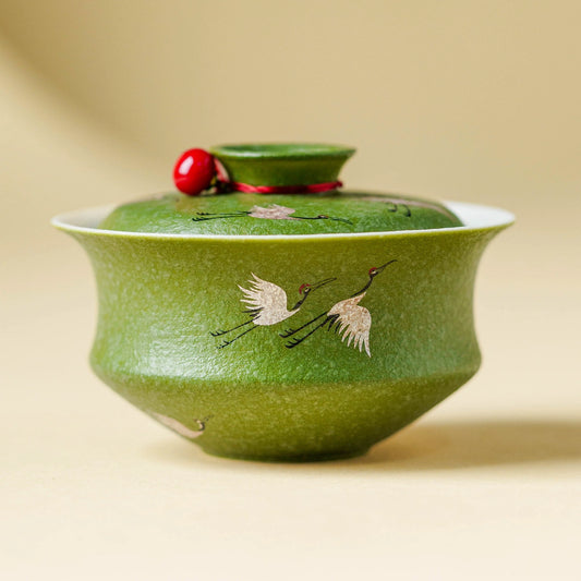 GOSEUNG Crane Green Porcelain Gaiwan with Red Bead Lid