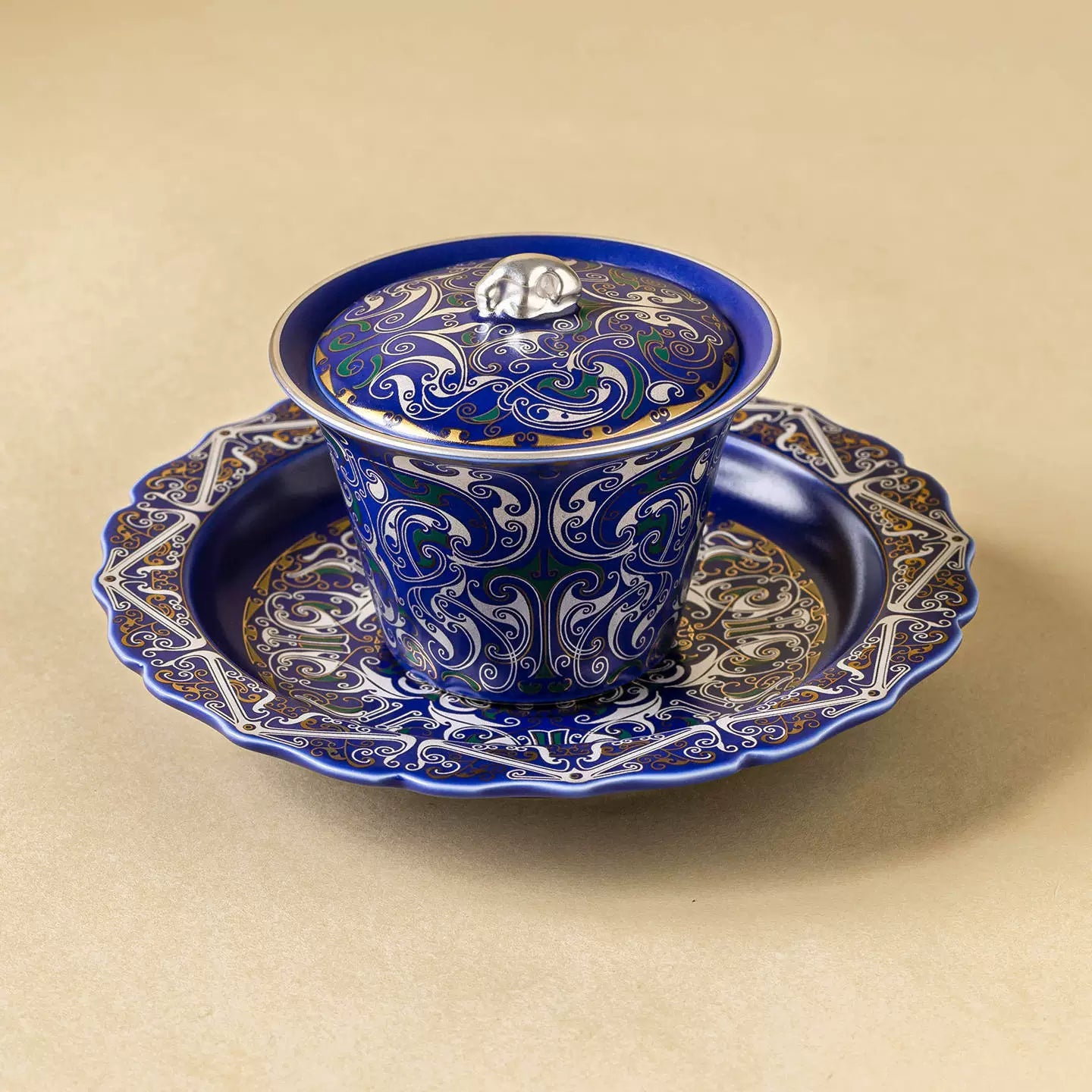 GOSEUNG Imperial Blue Silver Filigree Gaiwan — luxury porcelain tea bowl