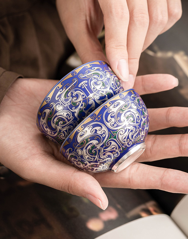 GOSEUNG luxury tea bowl — blue glaze and silver filigree design