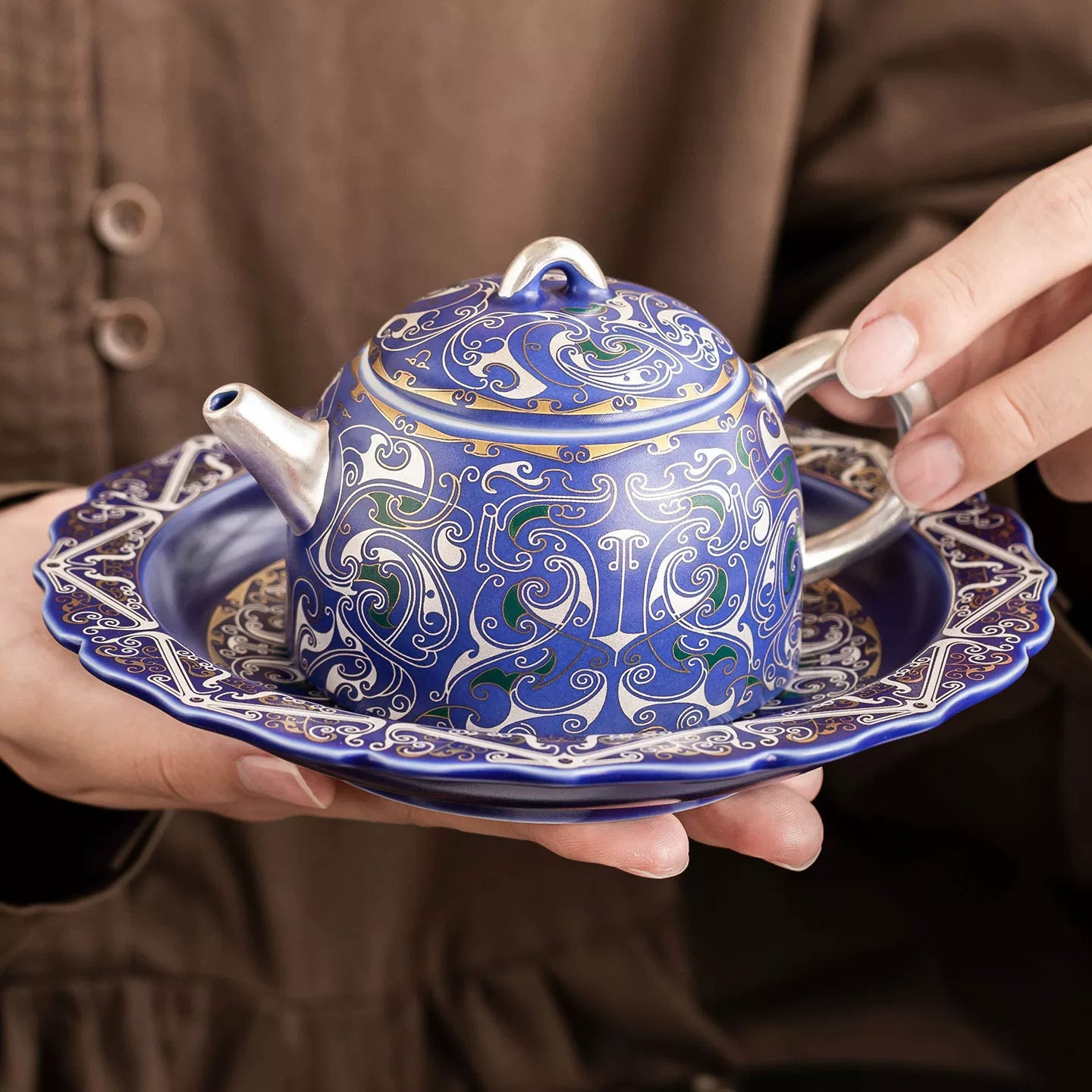 GOSEUNG porcelain teapot with royal blue glaze and silver accents