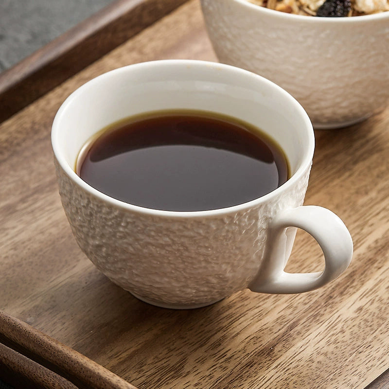 GOSEUNG rock texture ceramic coffee cup with saucer on wooden tray