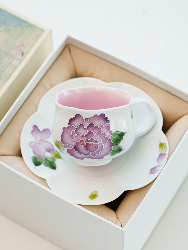 Gift box porcelain tea set with purple flower motif