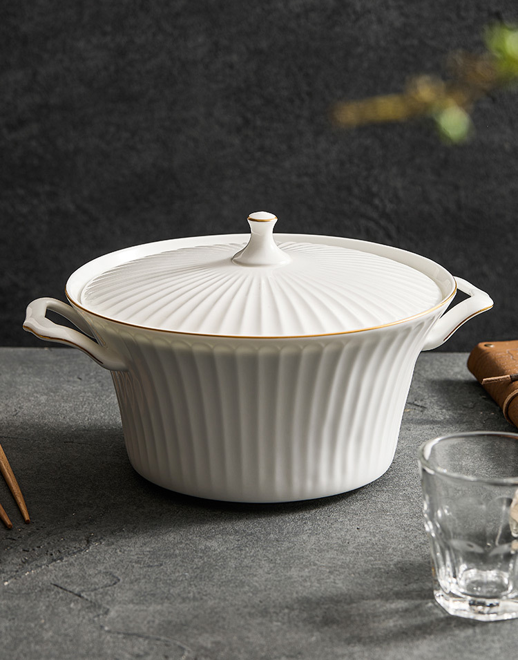 Gold-edged bone china casserole pot