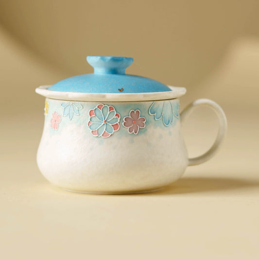 Hand-painted floral ceramic tea cup with lid 2