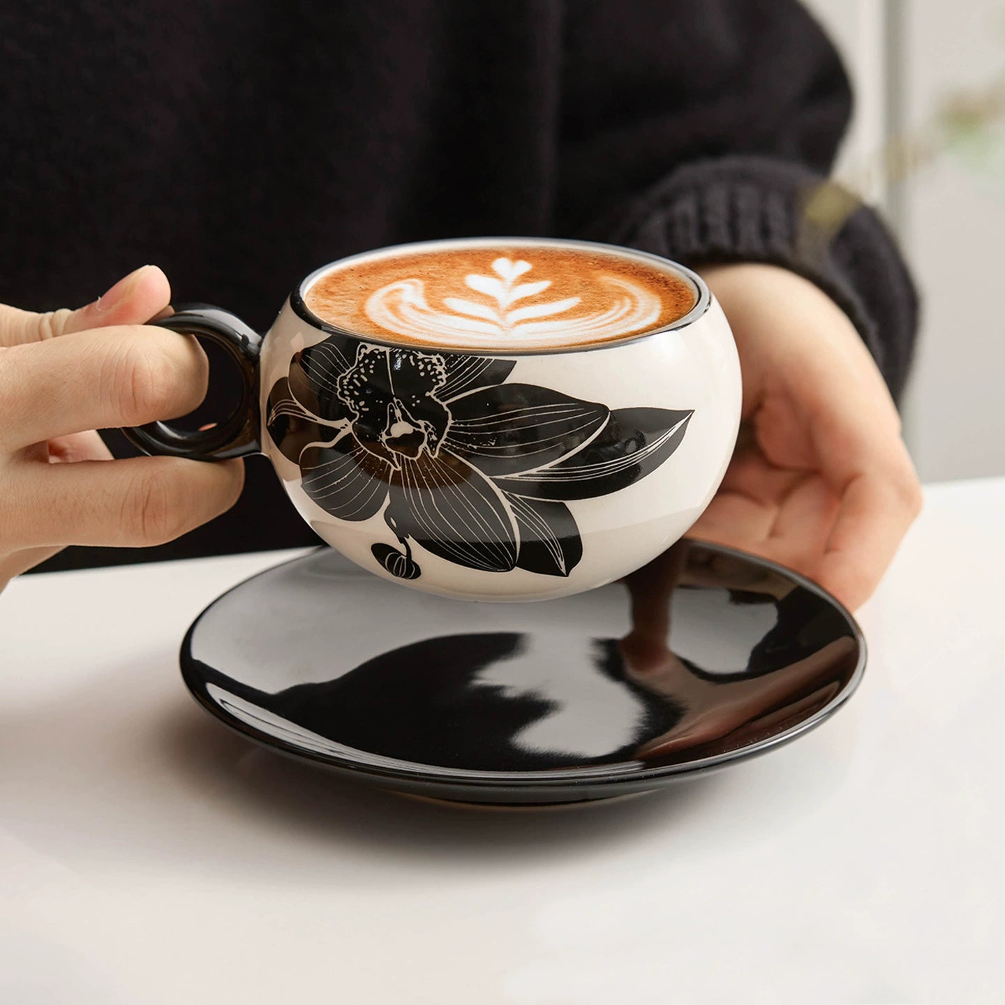 Hand-painted peony flower porcelain coffee cup