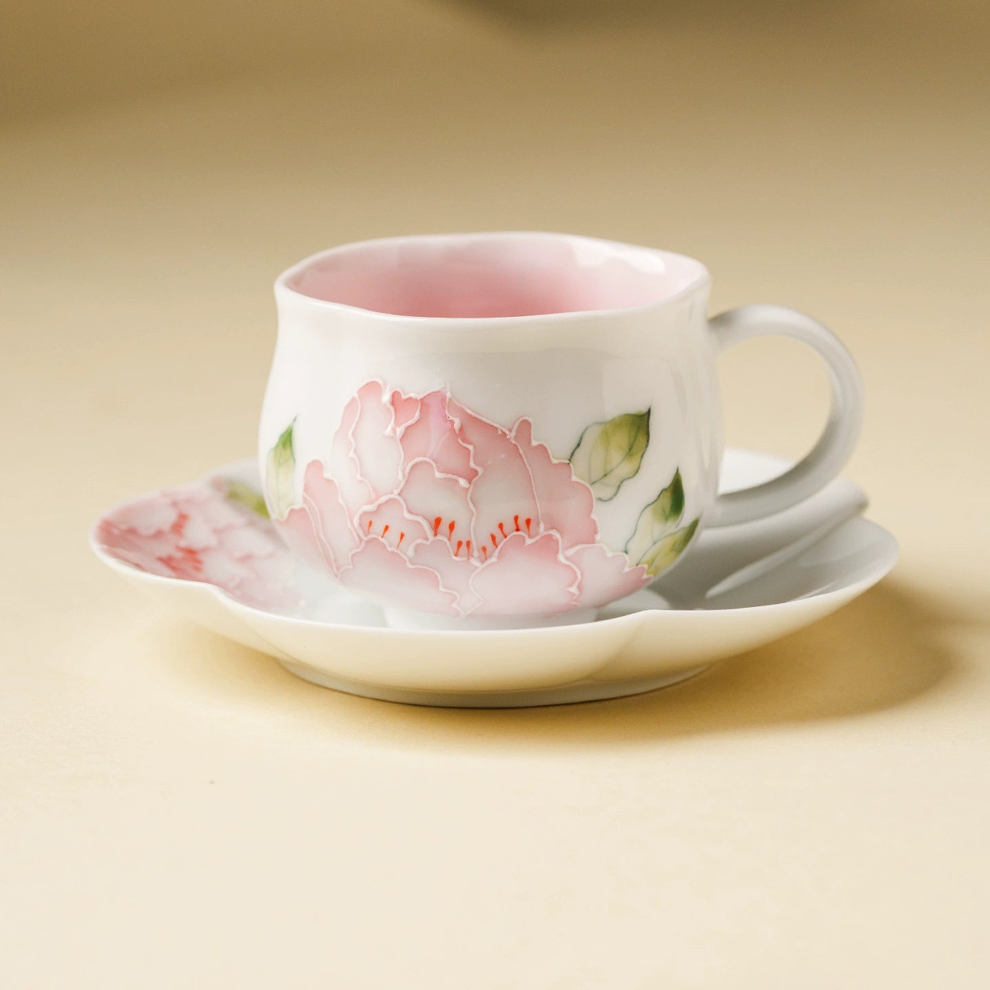 Hand-painted peony porcelain teacup and saucer set