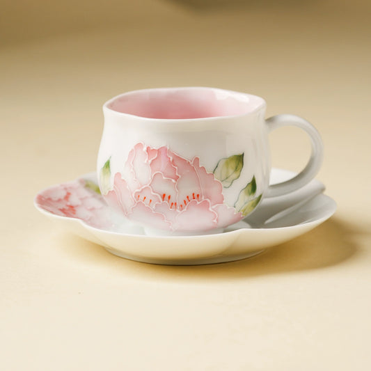 Hand-painted peony porcelain teacup and saucer set