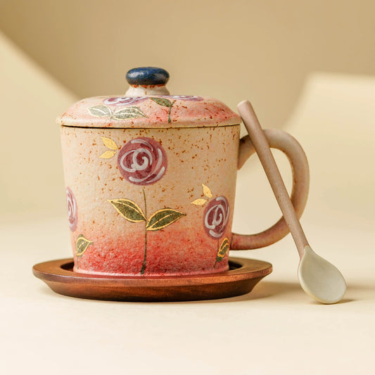 Hand-painted purple floral ceramic coffee mug with lid and saucer