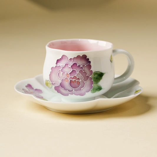Hand-painted purple peony porcelain teacup and saucer set