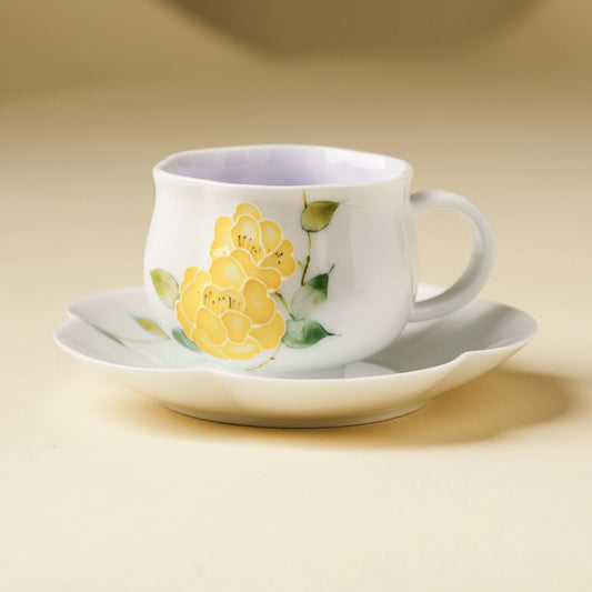 Hand-painted yellow peony porcelain teacup and saucer set