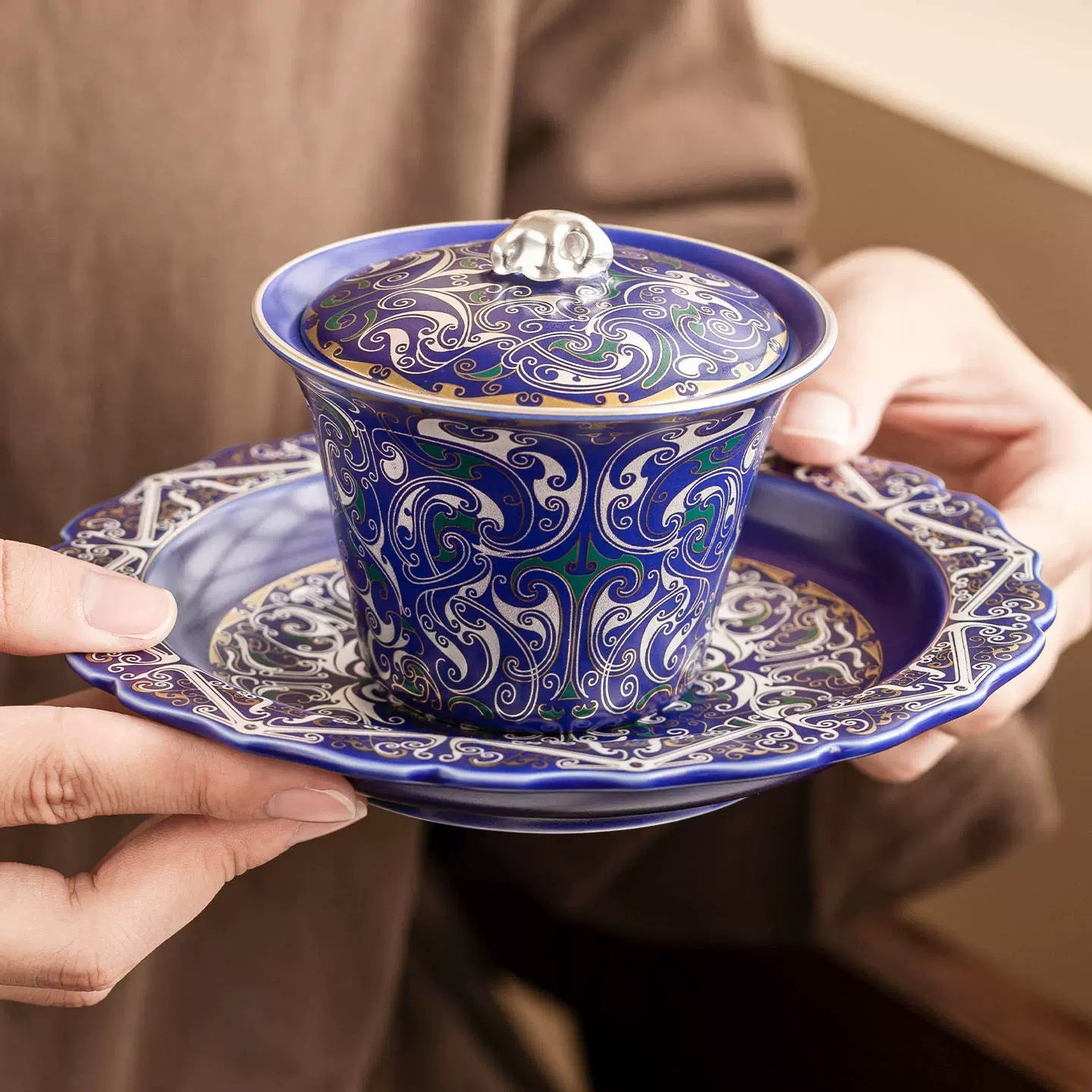 Handcrafted blue porcelain gaiwan with 999 silver filigree details