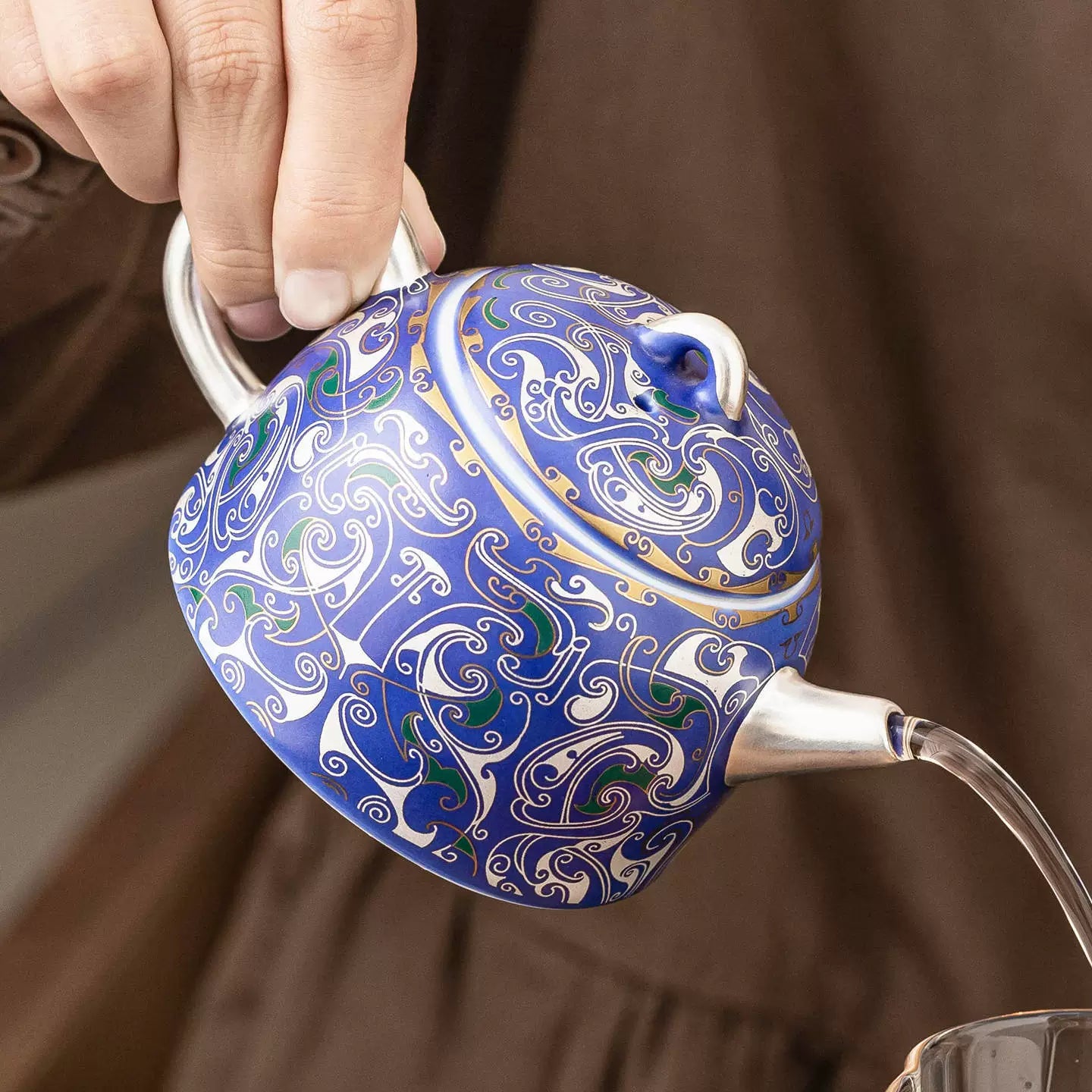 Handcrafted imperial blue teapot with 999 silver filigree detailing