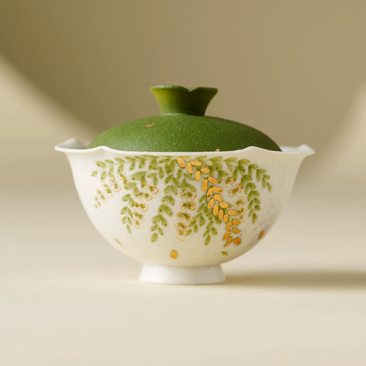 Handmade ceramic gaiwan with green leaf design