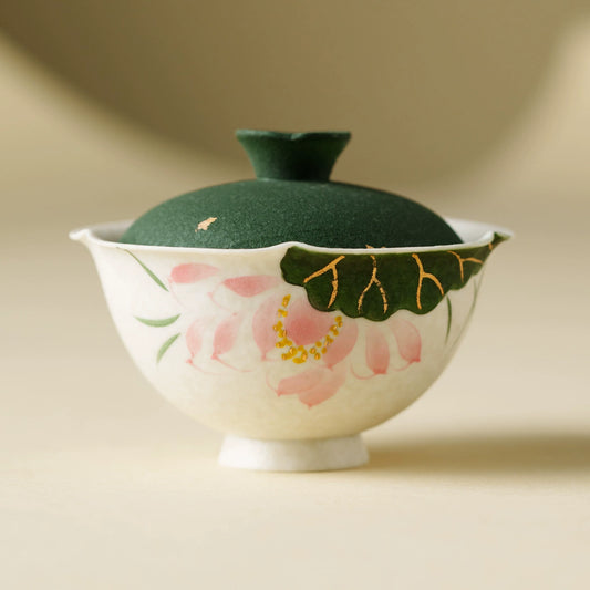 Handmade ceramic lotus gaiwan with green lid