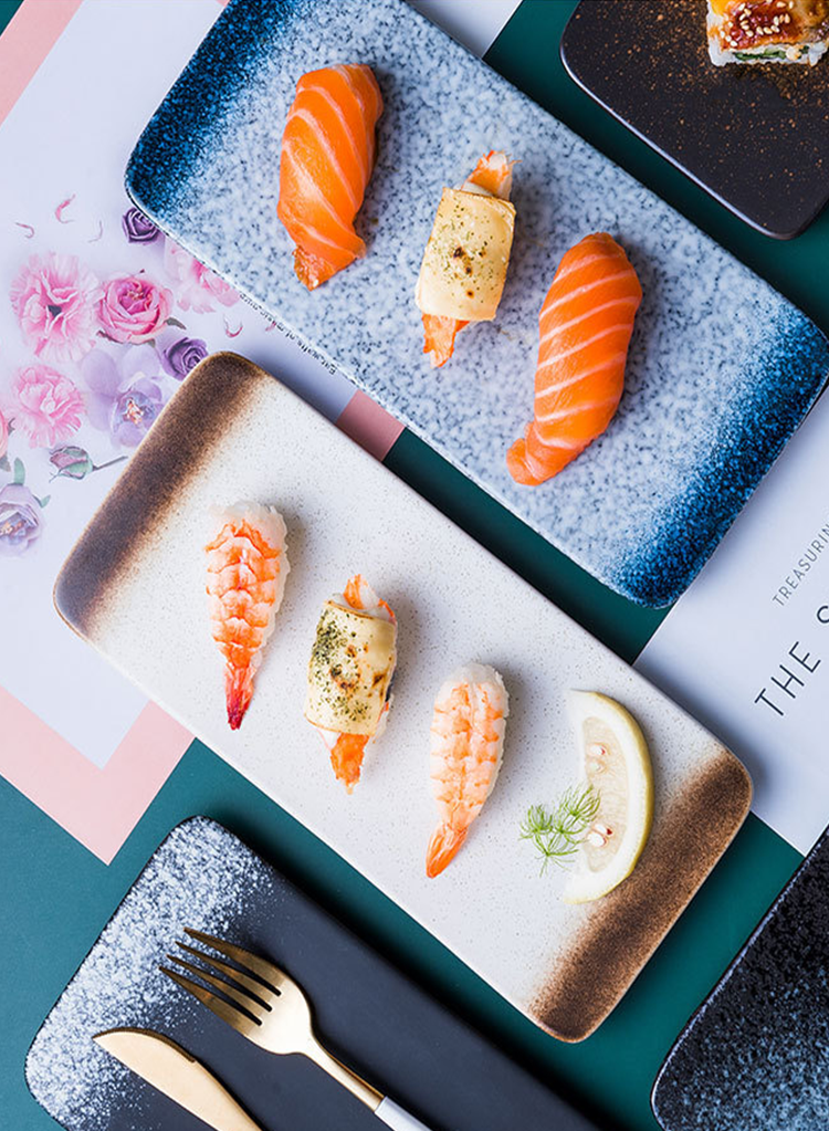 Handmade ceramic sushi plate with natural glaze flow