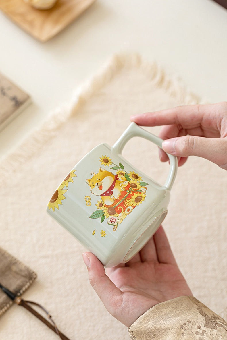 Happy Shiba dog mug — warm morning tea companion