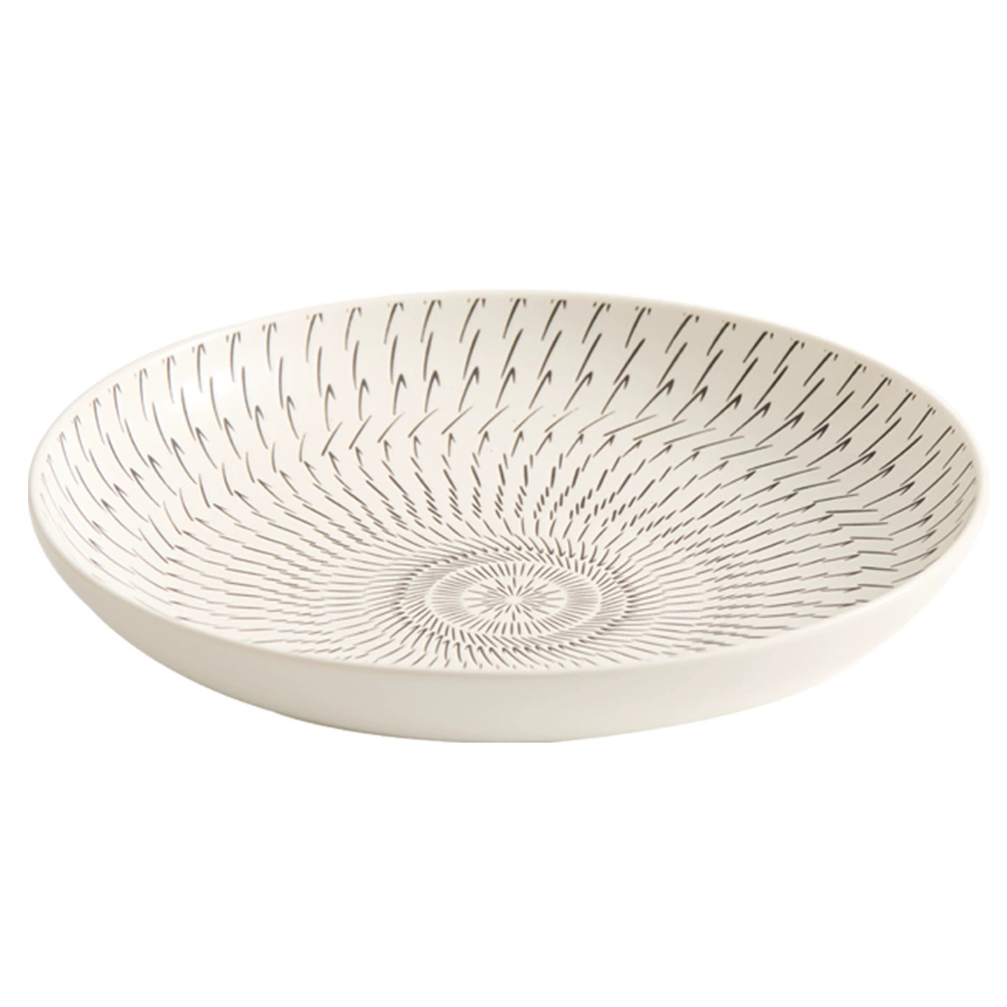 White ceramic bowl with black pattern on a white background