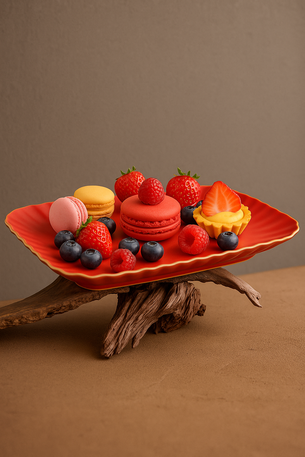 Assorted pastries and fruits on a red plate with a wooden base against a brown background