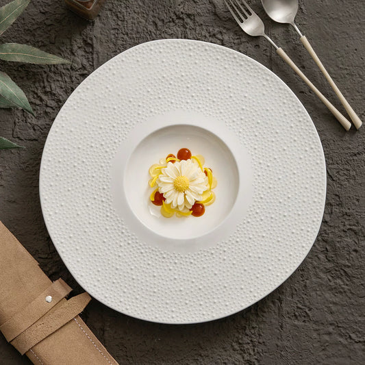High-fired 1350°C durable matte white ceramic plate for professional kitchens.