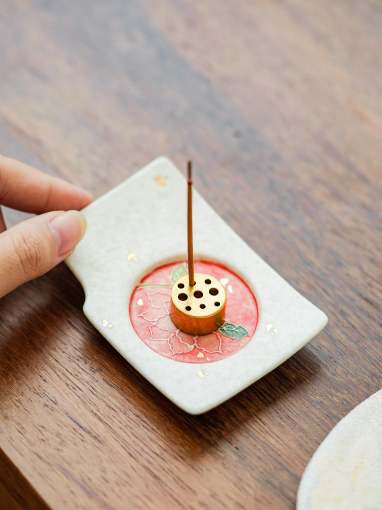 High-fired ceramic incense stand with refined gold detailing