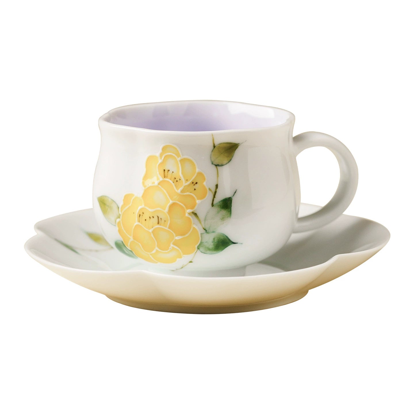 High-fired ceramic tea cup and saucer with floral art