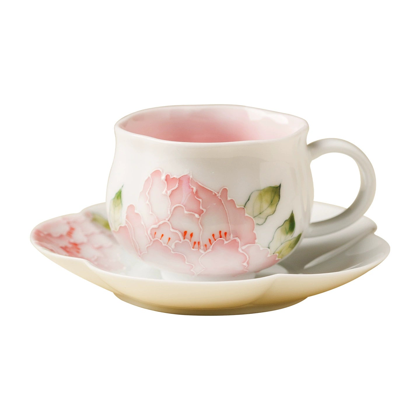 High-fired ceramic teacup and saucer with pastel floral art