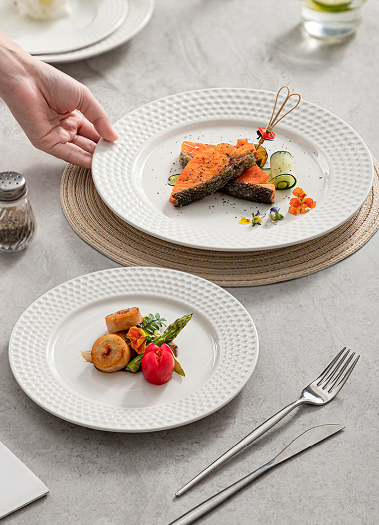 High-fired porcelain plate with refined rim texture