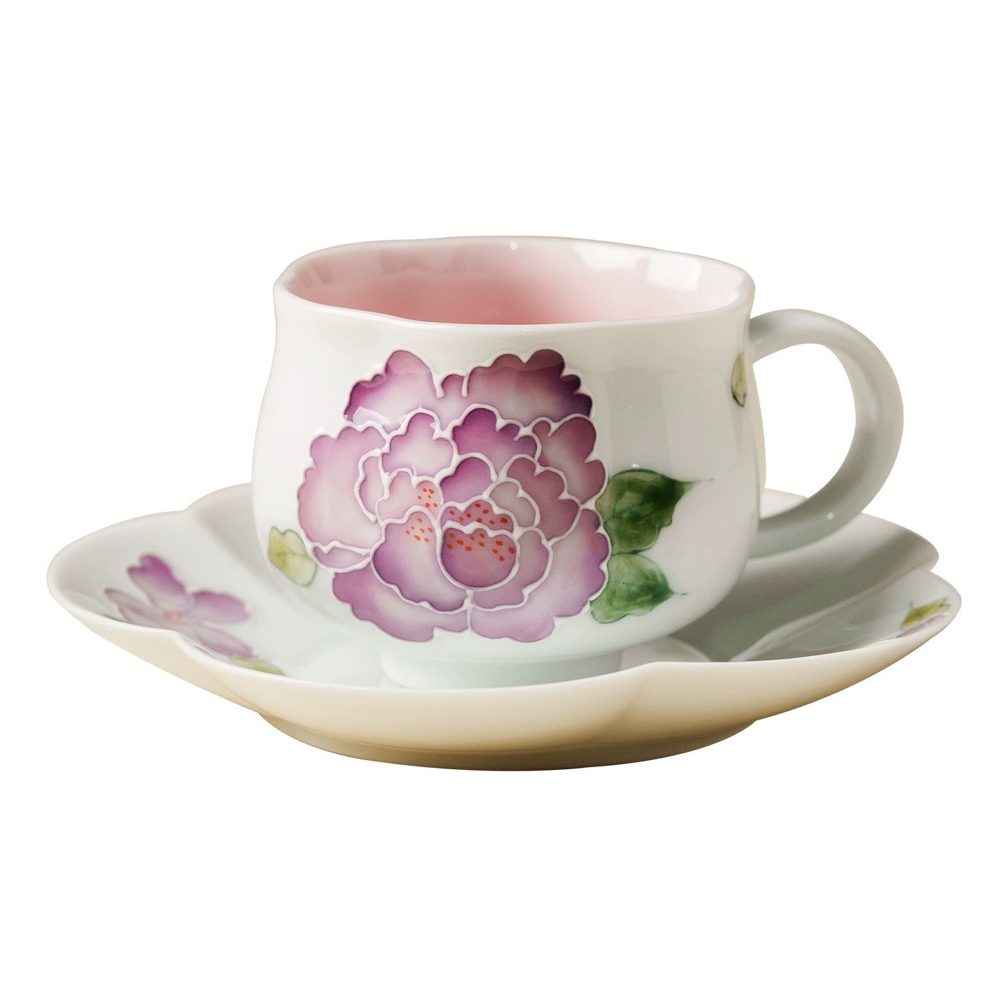 High-fired porcelain teacup and saucer with floral art
