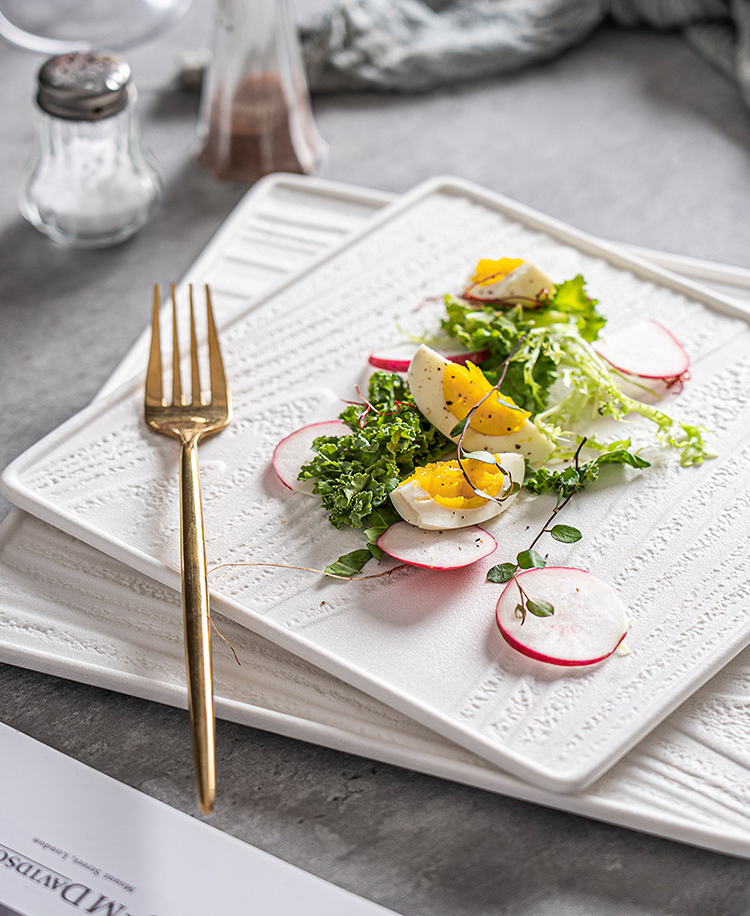 High-quality square ceramic plate with sculpted ceramic texture