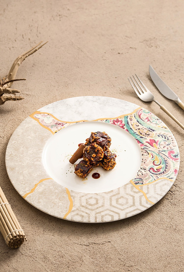 High-temperature fired porcelain plate with intricate silk-print details