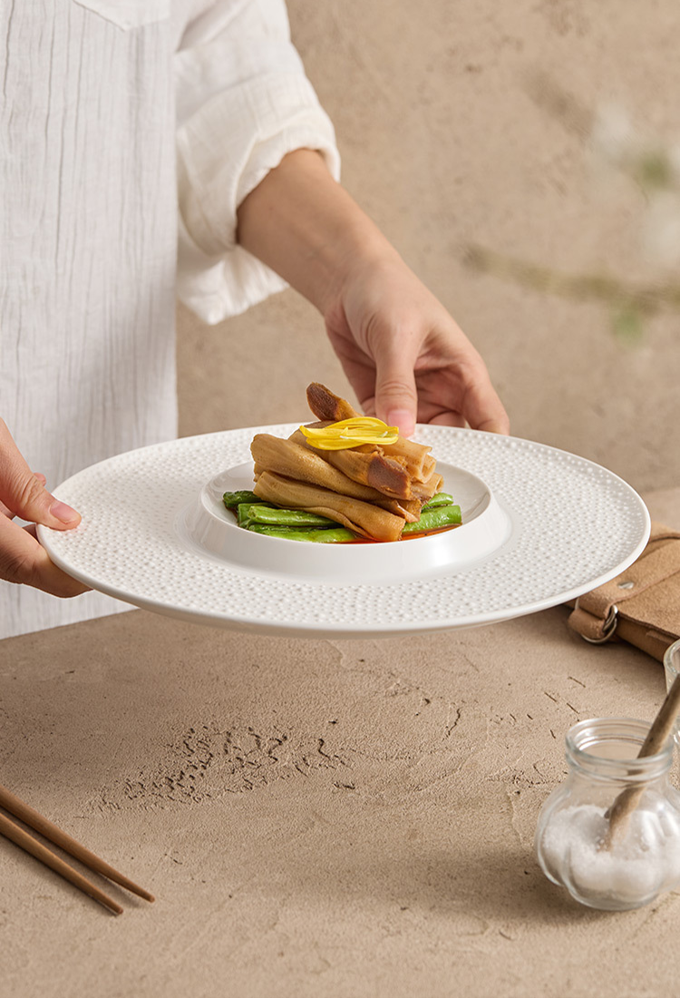 Inner coupe porcelain plate used for modern Asian cuisine and refined plating