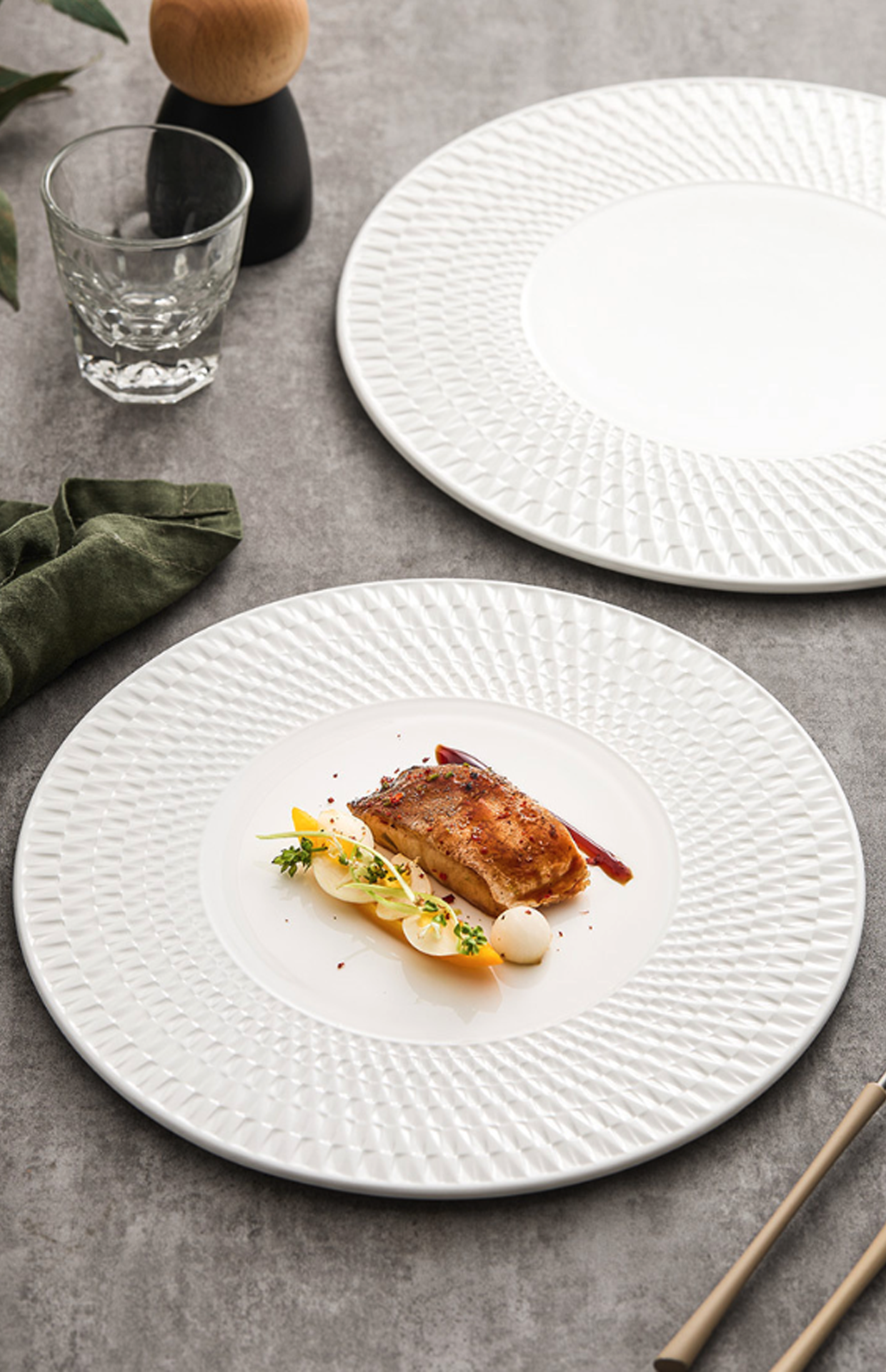 Japanese-inspired spiral embossed porcelain dinner plate
