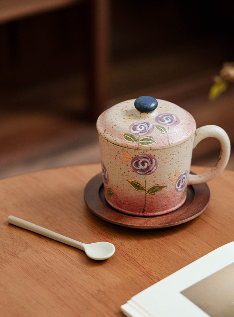 Japanese-style ceramic mug with lid and wooden coaster