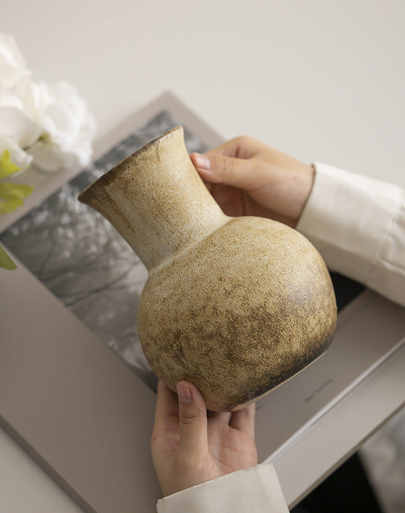 Kiln fired coarse pottery vase for floral display
