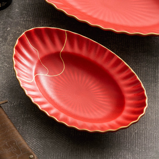 Kintsugi design red glazed dish
