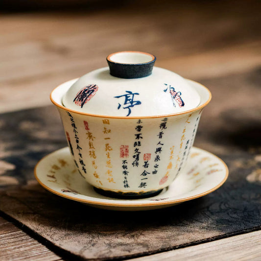 Lantingxu script ceramic tea cup with lid