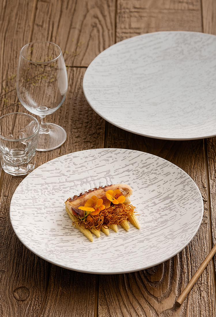 Large 12 inch textured ceramic plate for hotel dining