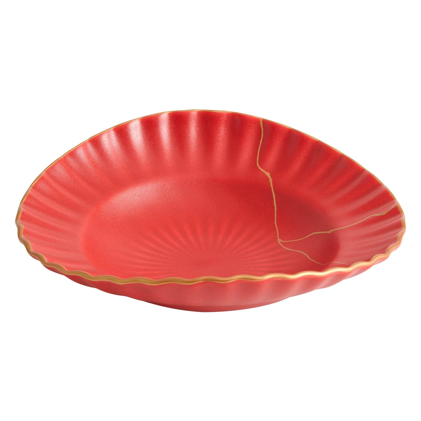 Red ceramic plate with gold decorative line on a white background