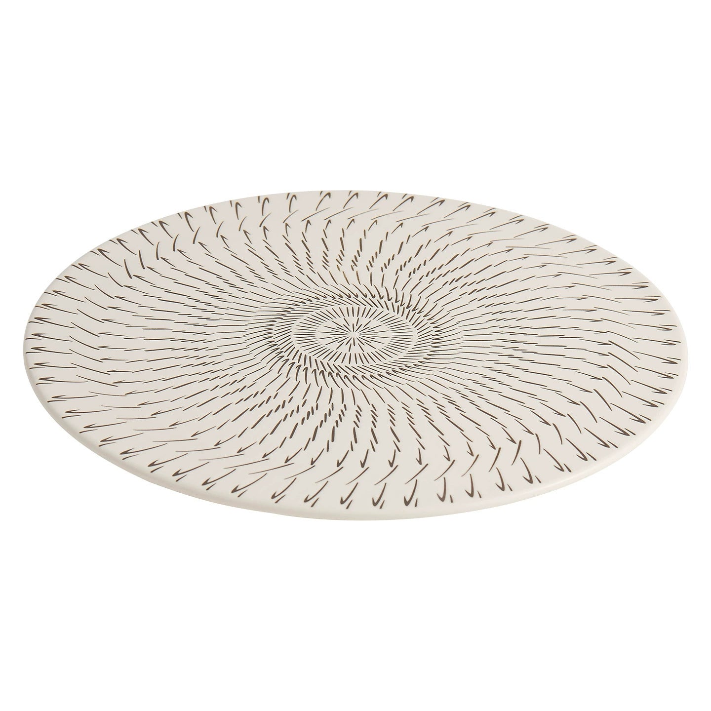 Round ceramic plate with decorative spiral pattern on a white background