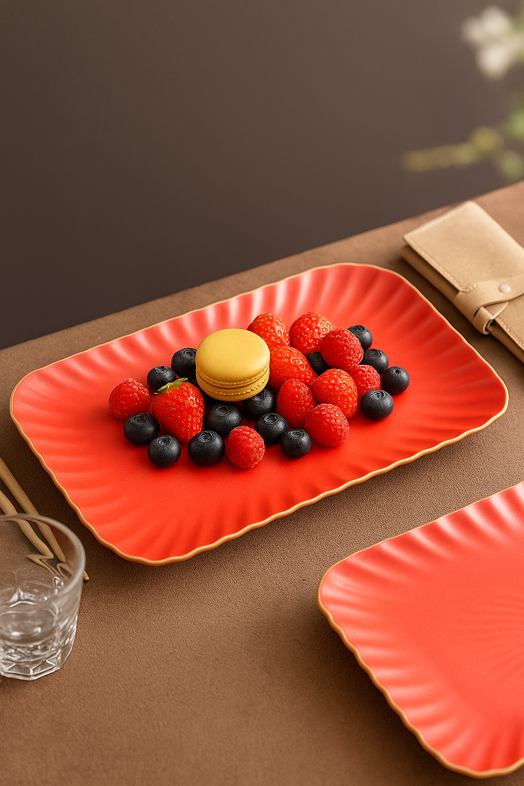 Red rectangular plate with berries and a dessert on a brown surface