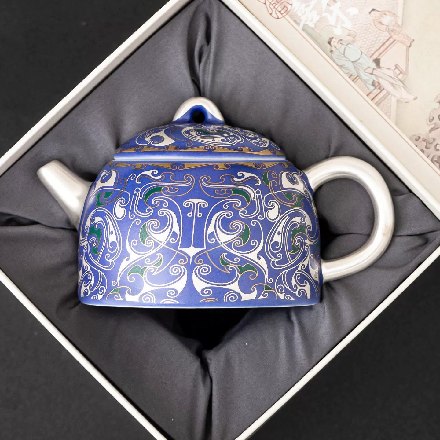Luxury Chinese teapot handcrafted with blue and silver filigree patterns