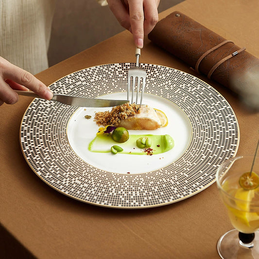 Luxury mosaic rim porcelain dinner plate in silver and gold