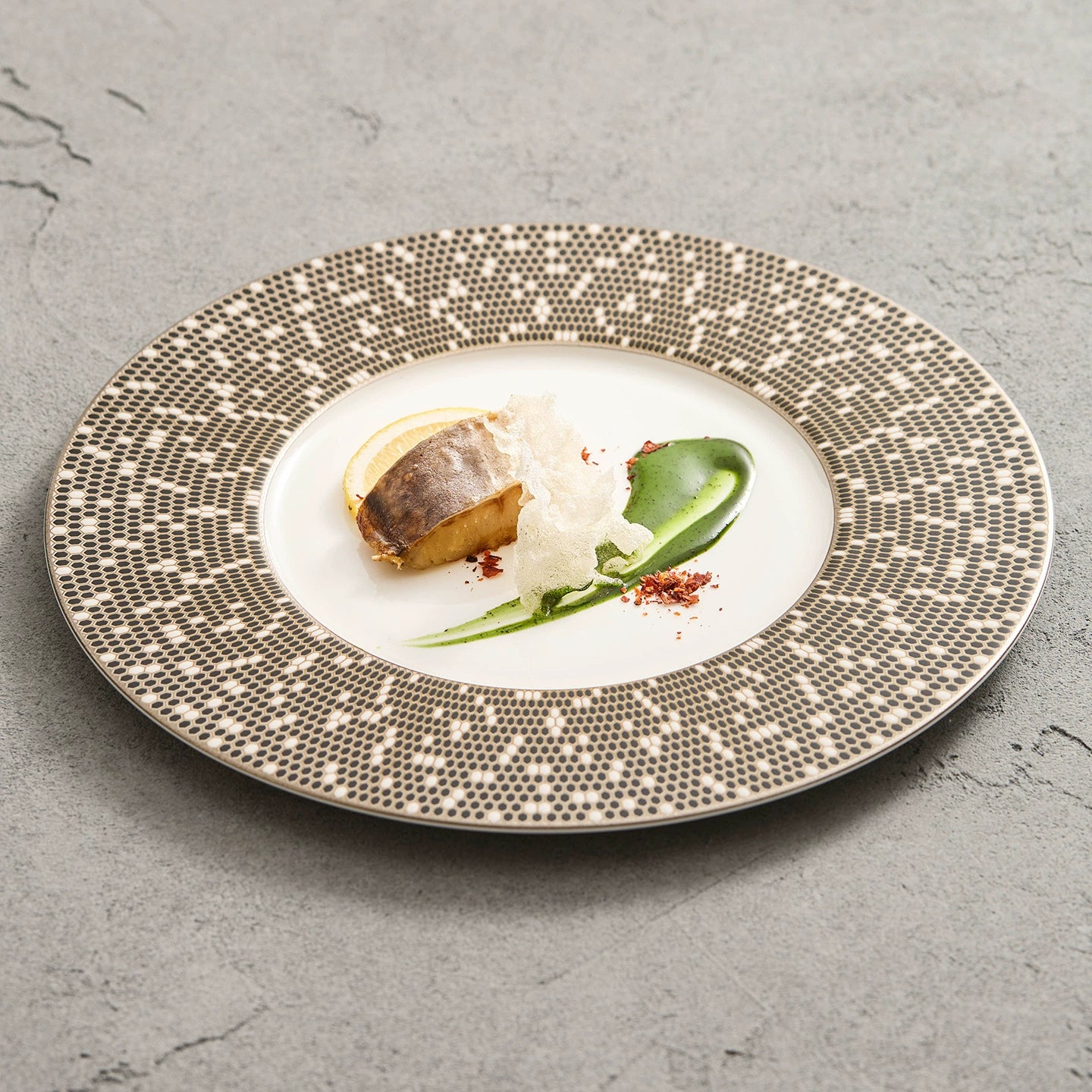 Luxury porcelain plate with coffee brown and caramel brown speckled border